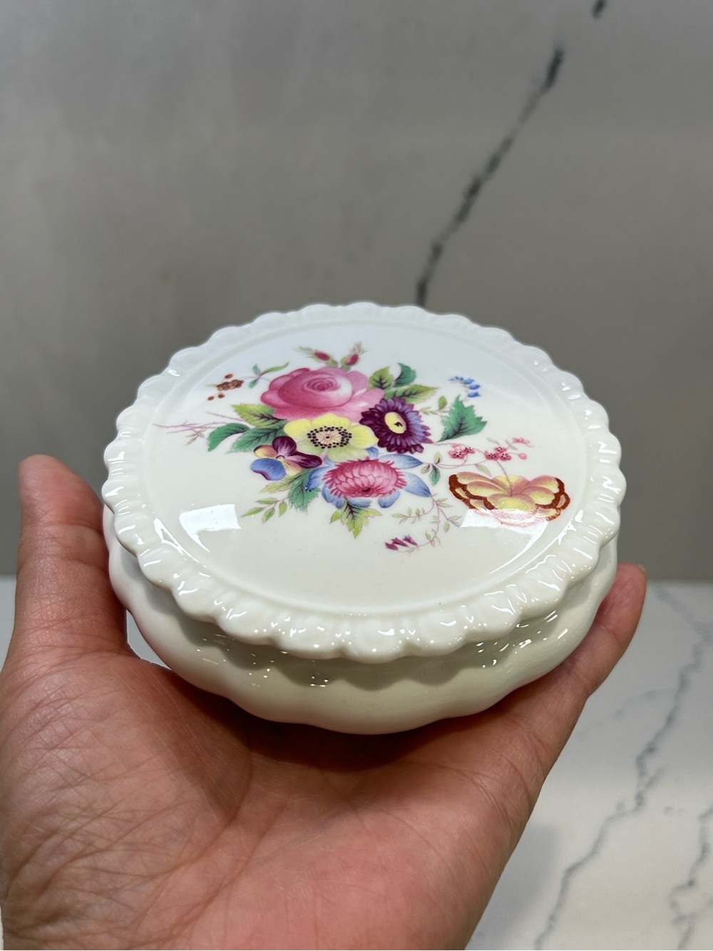 White Floral Porcelain Trinket Box - Decorative Jewelry Dish